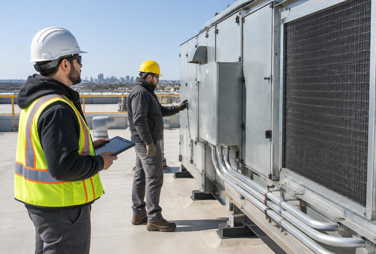 Two HVAC technicians reviewing a commercial rooftop air-handling unit, one holding a tablet